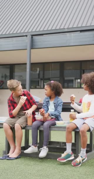 Vídeo Vertical Tres Escolares Diversos Comiendo Almuerzos Empacados Hablando Aire — Vídeo de stock