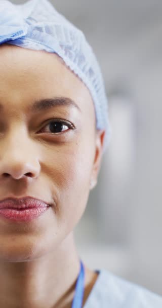 Vertical Video Portrait Happy Biracial Female Doctor Global Medicine Health — Αρχείο Βίντεο