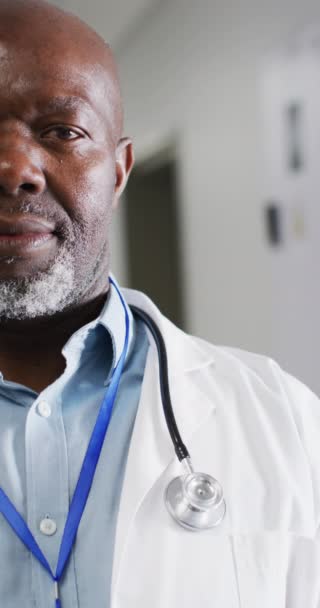 Vertical Video Portrait Happy African American Male Doctor Global Medicine — Stok video