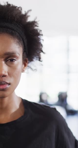 Vertical Video Half Face Portrait Smiling African American Woman Gym — Vídeo de Stock