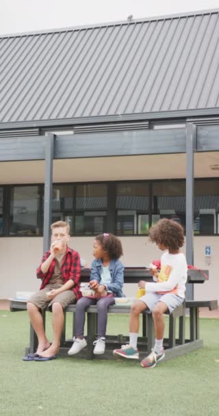 Pionowe Wideo Trójki Dzieci Jedzących Zapakowane Lunche Rozmawiających Świeżym Powietrzu — Wideo stockowe