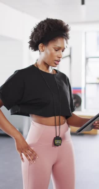 Vertical Video Portrait Smiling African American Female Fitness Trainer Gym — Stok video