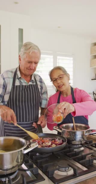 Verticale Video Van Gelukkig Divers Senior Koppel Koken Keuken Actief — Stockvideo