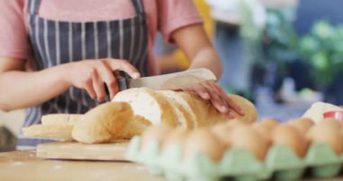 Video of midsection of biracial woman in apron slicing bread in kitchen, with copy space. Happiness, free time and domestic life.