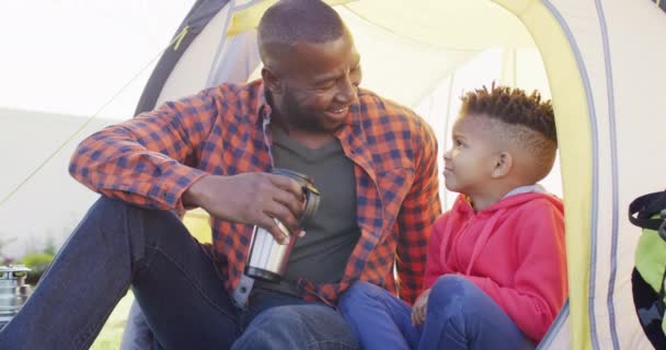 Happy African American Father His Son Sitting Tent Talking Garden — 비디오