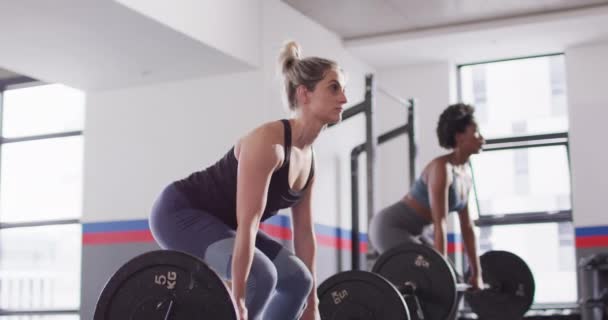Video Two Diverse Determined Women Lifting Barbell Weights Working Out — Stok video