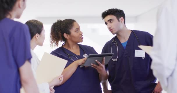 Wideo Różnymi Grupami Lekarzy Patrzących Tabliczki Mówiące Szpitalnym Korytarzu Usługi — Wideo stockowe