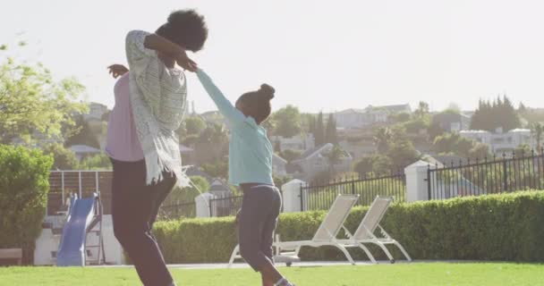 Video Happy African American Grandmother Granddaughter Playing Park Dancing Copy — Vídeo de Stock