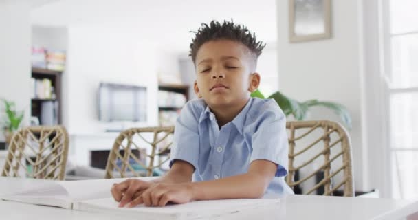 Happy African American Boy Sitting Table Reading Braille Spending Quality — Stok Video