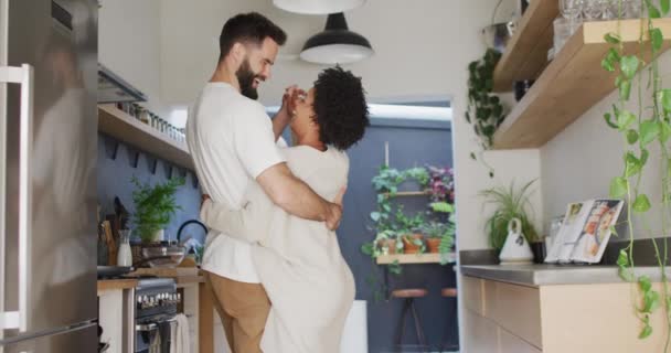Video Happy Diverse Couple Having Fun Dancing Together Kitchen Happiness — Video