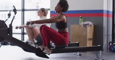 Video of two diverse, confident women on rowing machines working out at a gym. Exercise, fitness and healthy lifestyle.