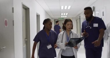 Video of three diverse male and female doctors walking in hospital corridor discussing x-ray. Hospital, medical and healthcare services.