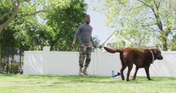 African American Male Soldier Exercising Jumping Rope Dog Garden Patriotism — Stockvideo
