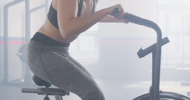 Video Determined Caucasian Woman Exercise Bike Working Out Gym Exercise — Stock Video