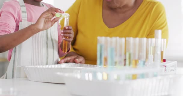 Teledysk Podekscytowaną Afrykańską Wnuczką Babcią Robią Eksperyment Chemiczny Domu Nauka — Wideo stockowe