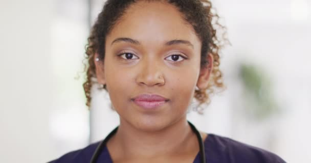 Βιντεοσκοπημένο Πορτραίτο Μιας Χαρούμενης Γυναίκας Γιατρού Που Χαμογελάει Στο Διάδρομο — Αρχείο Βίντεο