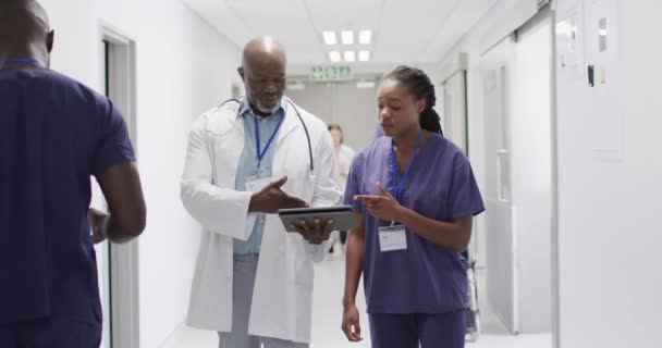 非洲裔美国男性和女性医生走进医院走廊 看着平板电脑的视频 医疗和保健服务 — 图库视频影像
