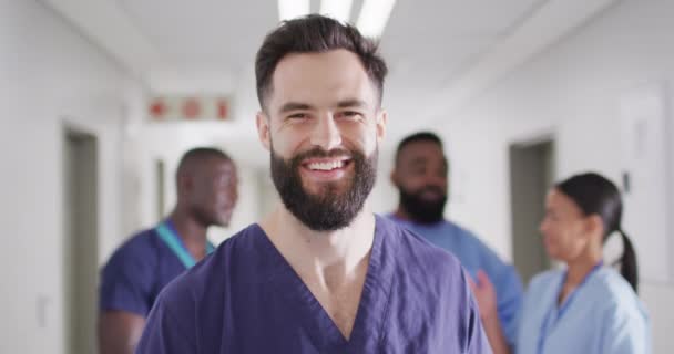 Video Portrait Smiling Bearded Caucasian Male Medical Worker Busy Hospital — Stok video