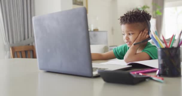 Happy African American Boy Sitting Table Using Laptop Online Lesson — Stok Video