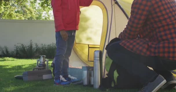 Happy African American Father His Son Setting Tent High Fiving — Vídeo de stock