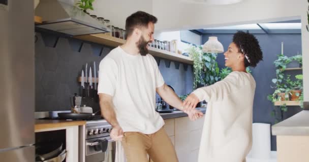 Video Happy Diverse Couple Having Fun Dancing Kitchen Happiness Inclusivity — Video