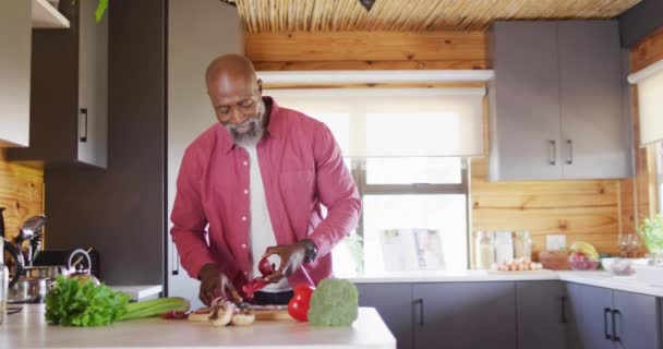 Happy Senior African American Man Spending Time Log Cabin Cooking — Vídeos de Stock
