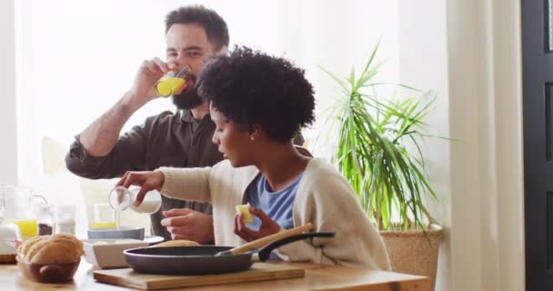 Video Happy Diverse Couple Eating Drinking Breakfast Table Happiness Inclusivity — Video