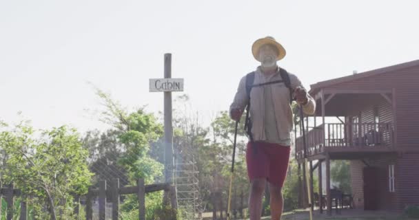 Senior African American Man Hiking Trekking Poles Sunny Day Slow — Stok video