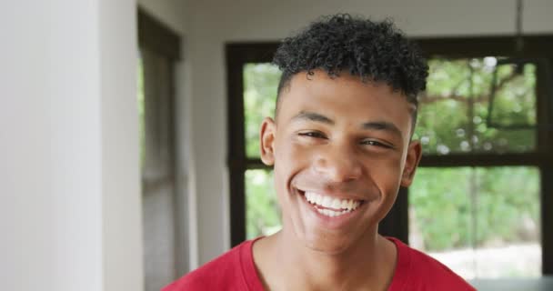 Portrait Happy African American Male Teenage Boy Home Slow Motion — Video Stock