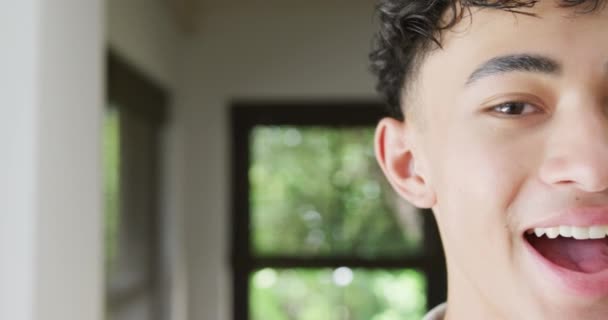 Portrait Happy Biracial Male Teenage Boy Home Slow Motion Spending — Stok video