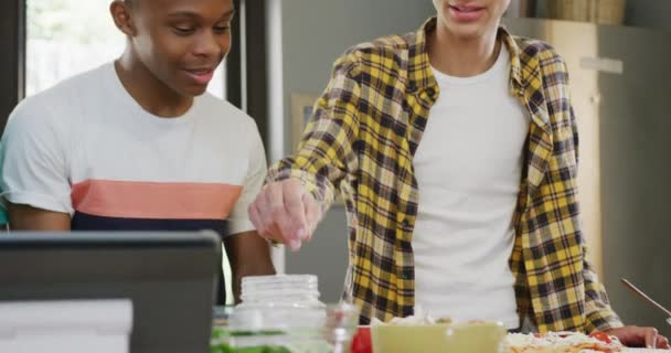Happy Diverse Male Teenage Friends Preparing Pizza Kitchen Slow Motion — Wideo stockowe