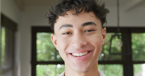 Portrait Happy Biracial Male Teenage Boy Home Slow Motion Spending — Video Stock
