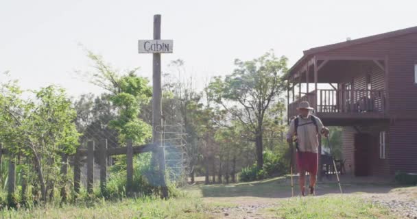 Старший Афроамериканський Чоловік Ходить Полюсах Сонячний День Повільний Рух Піші — стокове відео