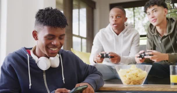 Happy Diverse Male Teenage Friends Playing Video Games Home Slow — Video Stock