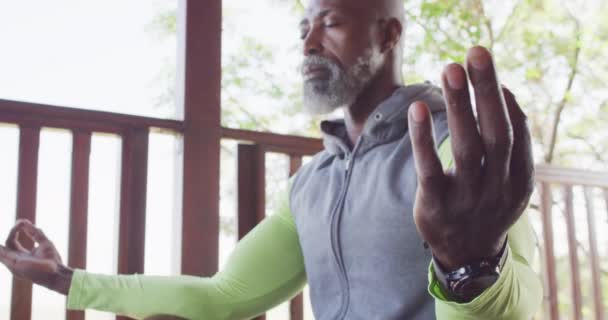 Fericit Senior African American Petrece Timp Cabina Jurnal Face Yoga — Videoclip de stoc