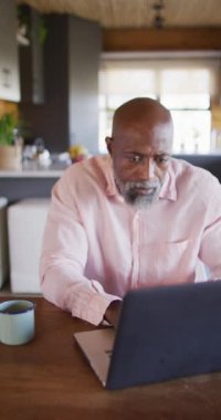 Vertical video of senior african american man spending time in log cabin and using laptop. Free time, domestic life and nature concept.