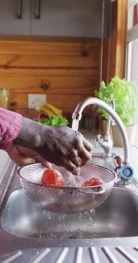 Vertical video of senior african american man spending time in log cabin washing tomatoes. Free time, domestic life and nature concept.