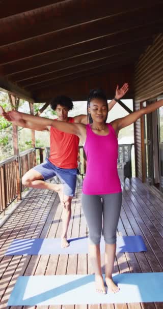 Vídeo Vertical Pareja Afroamericana Haciendo Yoga Cabaña Troncos Concepto Tiempo — Vídeos de Stock