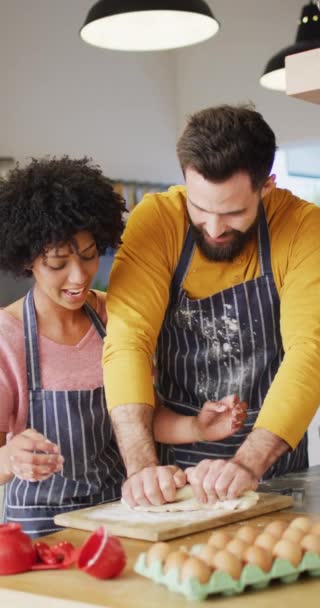 Vertical Video Happy Diverse Couple Baking Kitchen Kneading Dough Happiness — Vídeo de Stock