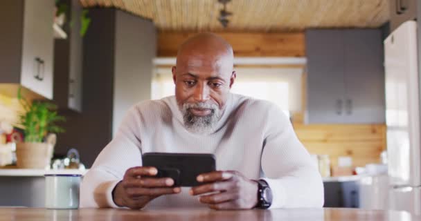 Happy Senior African American Man Log Cabin Using Smartphone Video — Video