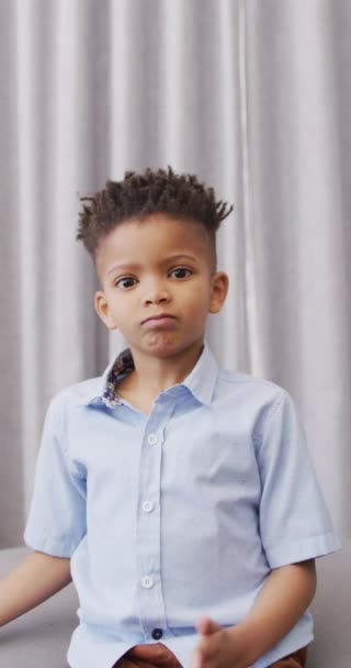 Vertical Video Portrait Happy African American Boy Using Sign Language — Vídeo de Stock