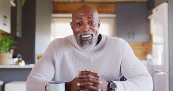 Happy Senior African American Man Spending Time Log Cabin Having — Stockvideo