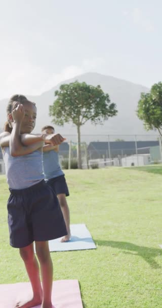 Vídeo Vertical Escolares Afroamericanos Practicando Yoga Clase Aire Libre Espacio — Vídeo de stock