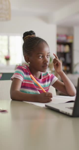 Vertical Video Thoughtful African American Girl Using Laptop Online Lesson — Wideo stockowe
