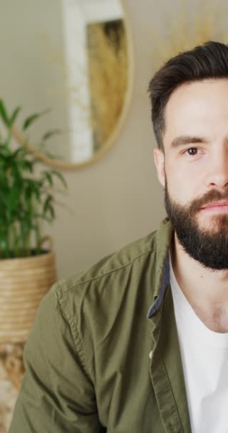 Vertical Half Face Video Portrait Smiling Bearded Caucasian Man Home — Video