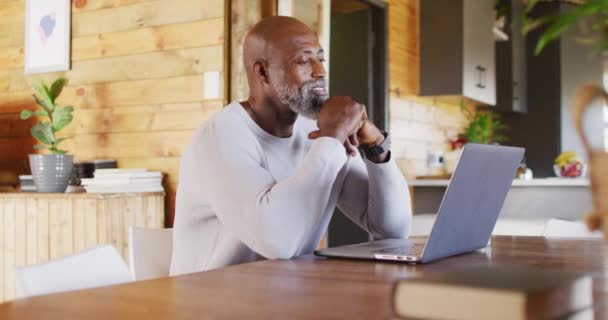 Happy Senior African American Man Log Cabin Using Laptop Video — Vídeo de stock