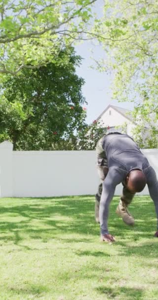 Vertical Video African American Male Soldier Exercising Garden Spending Quality — Vídeo de stock