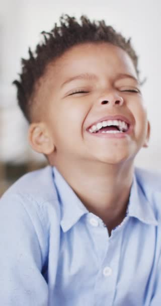 Vertical Video Portrait Happy African American Boy Looking Camera Smiling — Video Stock