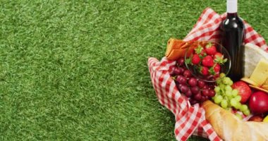 Picnic basket with checkered blanket, fruits, bread, cheese and wine on grass with copy space. Picnic day, food and nature concept.