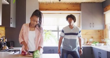 Mutlu Afro-Amerikan çifti odunlukta dans ediyor, ağır çekimde. Yaşam tarzı, ev hayatı, kırsal ve doğa kavramı.